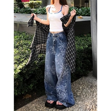 大码美式复古水洗波纹微喇牛仔裤女新款辣妹排扣褶皱直筒显瘦长裤，男装牛仔裤，星座506A