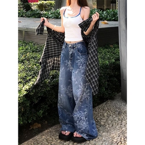 大码美式复古水洗波纹微喇牛仔裤女新款辣妹排扣褶皱直筒显瘦长裤图片