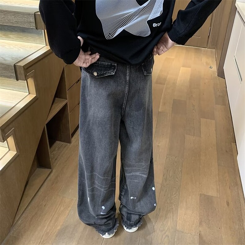 美式高街牛仔裤男女韩版潮流拼接涂鸦毛边2024秋冬长裤RK2223-P56,男装牛仔裤,星座412-3