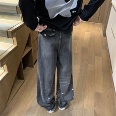 美式高街牛仔裤男女韩版潮流拼接涂鸦毛边2024秋冬长裤RK2223-P56，男装牛仔裤，星座412-3