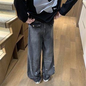 美式高街牛仔裤男女韩版潮流拼接涂鸦毛边2024秋冬长裤RK2223-P56图片