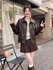 2026秋季新款皮衣抽绳蛋白皮PU短外套显瘦百搭，女装皮衣，晓衣阁