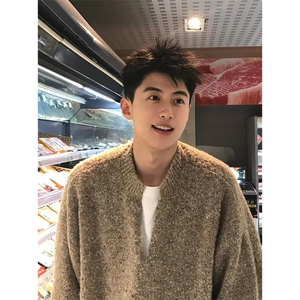 慵懒风V领针织衫男装秋冬季美式复古毛衣宽松休闲外套 M5695图片
