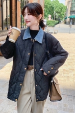黑色菱格羽绒棉服女2024冬宽松韩版洋气超好看拼接翻领牛仔小棉袄，女装棉衣/棉服，C位