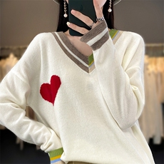 时尚百搭爱心拼接女士羊毛衫V领宽松显瘦毛衣，女装羊毛衫，莺澜羊绒