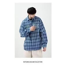 【006】25格子衬衫外套长袖蓝色衬衫扎染水洗宽松A079-CS454-P46，男装衬衫，电商A079