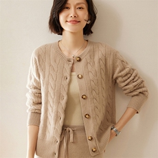 三股加厚~绞花山羊绒开衫2025秋冬女装通勤百搭针织羊毛毛衣外套，女装羊绒衫，绒创羊绒