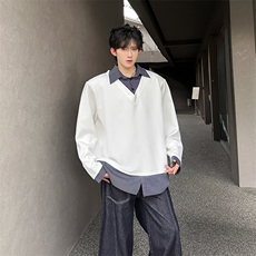 现货假两件拼接撞色翻领美式潮男百搭长袖T恤A071-3304-P55，男装T恤，电商A071
