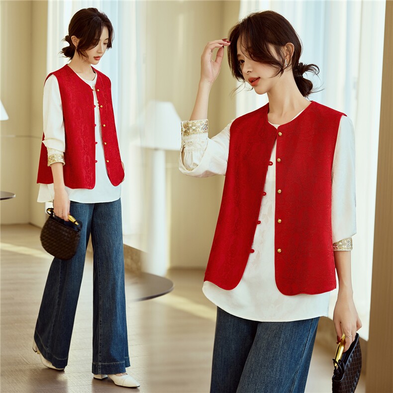 新中式红色提花马甲女2026春季新款超好看复古气质无袖坎肩女装，女装马甲，梦懿尔