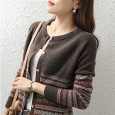 春季新款简约时尚百搭圆领针织开衫女，女装针织衫/毛衣，忠诺羊绒