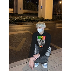 美式复古黑人说唱印花长袖T恤小领口打底衫，男装T恤，星座310A-4