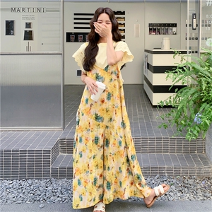 2025夏季新款新中式复古油画风宽松腰阔腿裤女垂感显瘦碎花连体裤图片