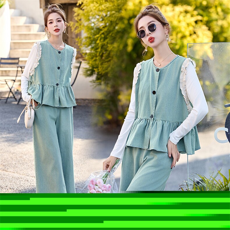 超好看蕾丝花边牛仔套装女2025夏季新款韩系减龄马甲阔腿裤两件套，女装套装/套裙，玖莱伊