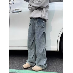 1506/QA0810/P54水洗泼墨牛仔裤男春秋款美式复古痞帅阔腿直筒裤图片