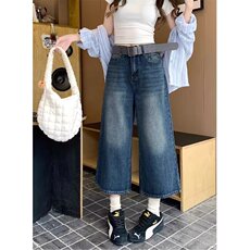 美式复古阔腿牛仔裤女夏季小个子七分裤宽松高腰裤子显瘦直筒裤，男装牛仔裤，星座1210-1