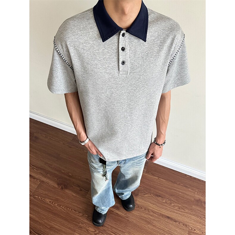 GENIOLAMODE夏季撞色明线拼接polo衫短袖男士新款宽松翻领T恤休闲图片