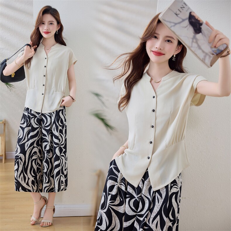 时尚v领短袖T恤女2025新款气质小衫洋气显瘦衬衫女，女装套装/套裙，缘衣格