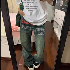 水洗做旧小众字母印花牛仔裤男宽松设计感直筒裤子N6087网络图，男装牛仔裤，星座1116A（原606A-3）