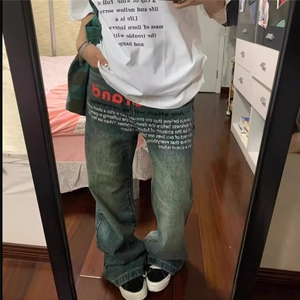 水洗做旧小众字母印花牛仔裤男宽松设计感直筒裤子 N6087 网络图图片