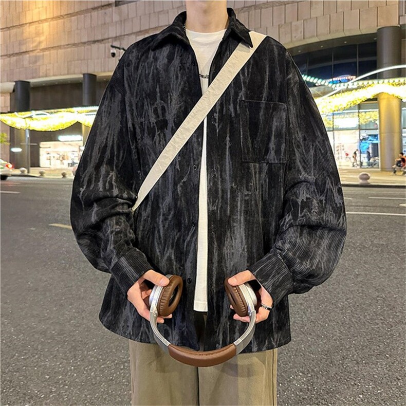 水墨扎染灯芯绒衬衫外套男秋季新中式风宽松休闲夹克,男装夹克,星座218-1（原230）