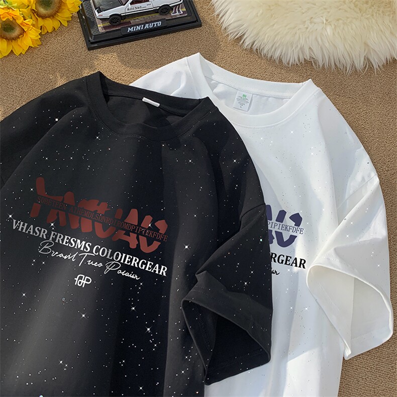量大优供抖音视频支持得物配合二开美式满天星亮片短袖T恤MTX368,男装T恤,电商A486