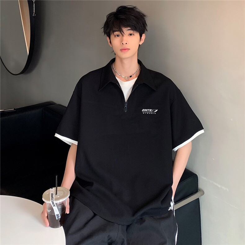 学院风新款重磅质感时尚潮牌假两件POLO衫高克重短袖T恤T240-P38,男装Polo衫,电商C307