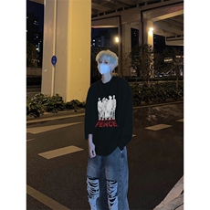 美式复古人潮汹涌网红印花长袖T恤小领口打底衫，男装T恤，星座310A-4