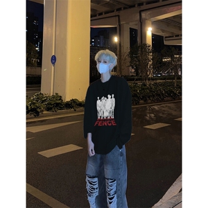 美式复古人潮汹涌网红印花长袖T恤小领口打底衫图片