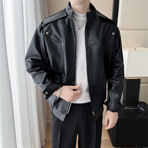 痞帅Pu皮衣小众设计感双拉链垫肩皮夹克男机车服秋冬外套 W632图片