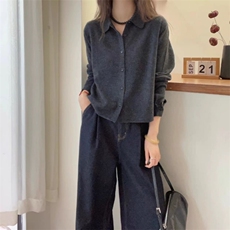 秋冬新款polo领针织纯色开衫时尚休闲百搭，女装针织衫/毛衣，锦瑟羊绒