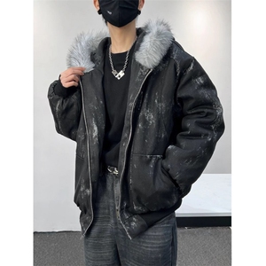 WT139-P108 座山雕连帽大毛领棉衣男棉服潮牌扎染保暖外套潮图片