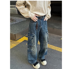 多口袋工装阔腿牛仔裤男美式复古宽松休闲百搭水洗直筒裤子，男装牛仔裤，星座516A