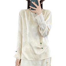 圆领提花丝滑缎面上衣女春秋2024新款潮气质高贵衬衫，女装衬衫，绒宛羊绒
