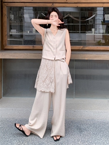 韩系松弛感蕾丝拼接马甲套装女2026夏季新款休闲阔腿裤两件套图片