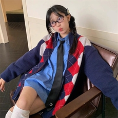 【有货】D2384-特P58美式学院风经典菱形格开衫毛衣慵懒风毛衣，男装针织衫/毛衣，星座603-2