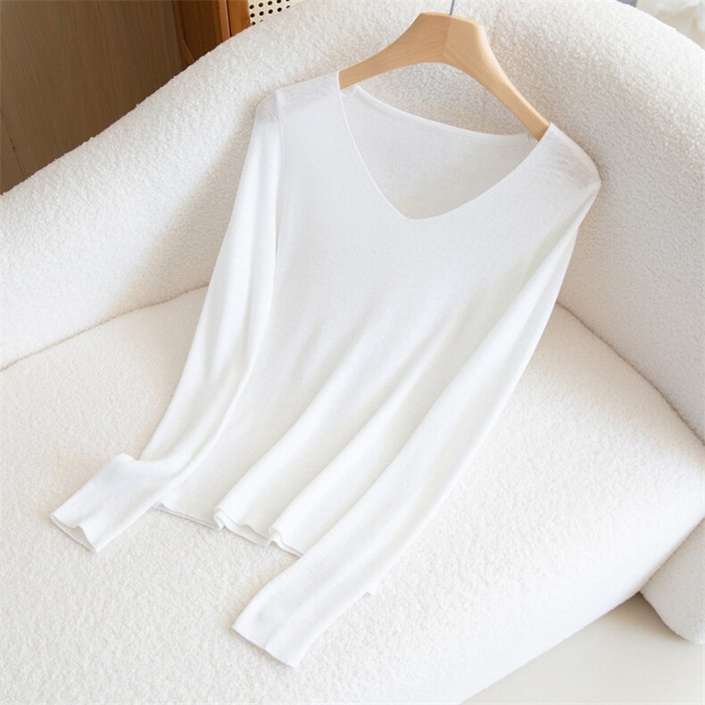 秋装新款微透羊毛衫女V领修身显瘦打底衫纯色薄款毛衣长袖针织衫，女装针织衫/毛衣，雪真羊绒