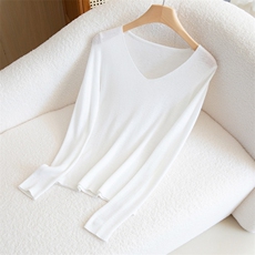 秋装新款微透羊毛衫女V领修身显瘦打底衫纯色薄款毛衣长袖针织衫，女装针织衫/毛衣，雪真羊绒