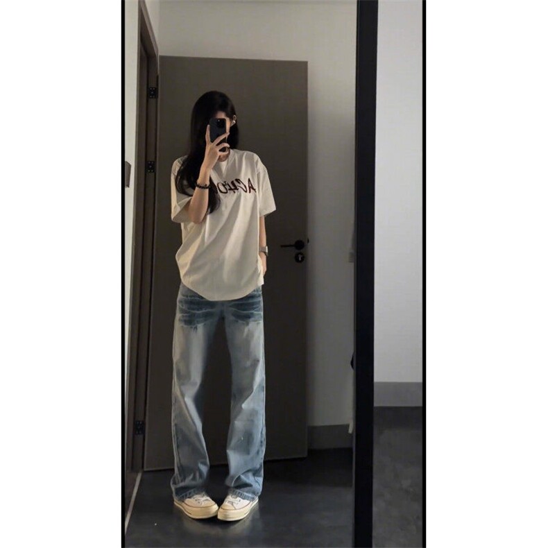 水洗闪电纹浅蓝色牛仔裤男款美式高街cleanfit裤子窄版弯刀微喇裤,男装牛仔裤,星座1007（原301D）