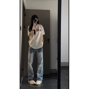 水洗闪电纹浅蓝色牛仔裤男款美式高街cleanfit裤子窄版弯刀微喇裤图片