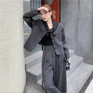 通勤穿搭灰色西服上衣套装女春秋超火好看高级小众阔腿长裤两件套图片