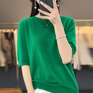 2025春季新款针织短袖上衣女圆领短款宽松洋气五分袖T恤打底半袖