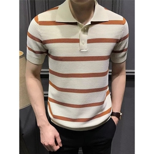夏季高级条纹短袖polo衫男时尚百搭修身翻领T恤潮流商务痞帅体恤图片