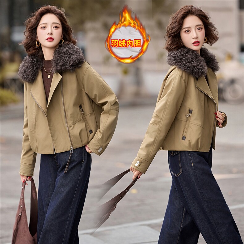 欧货2025冬羊羔毛毛领加厚保暖90白鸭绒羽绒服女，女装棉衣/棉服，玖莱伊