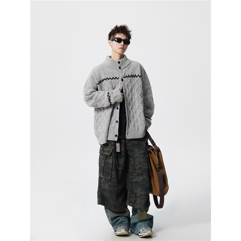 MY60416-P78特大码美式复古慵懒格菱针织外套,女装短外套,电商D232