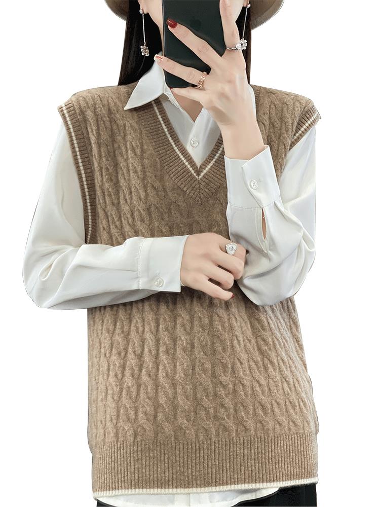 2023秋冬款V领麻花衫女无袖叠穿加厚宽松打底衫马甲上,女装马甲,蒙莲贝斯