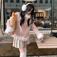 现货主推皮毛一体加厚粉色翻领210-6361-P195-K288公主风，女装羊羔毛/颗粒绒，韩蜜菓