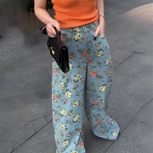复古港风花朵印花阔腿牛仔裤女夏季新款高腰百搭碎花拖地裤长裤图片