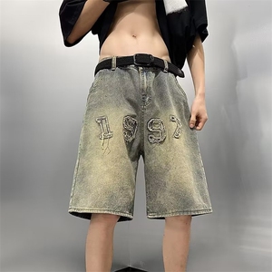 刺绣牛仔短裤男款夏季潮牌休闲水洗黄泥色美式复古高街五分裤D910图片