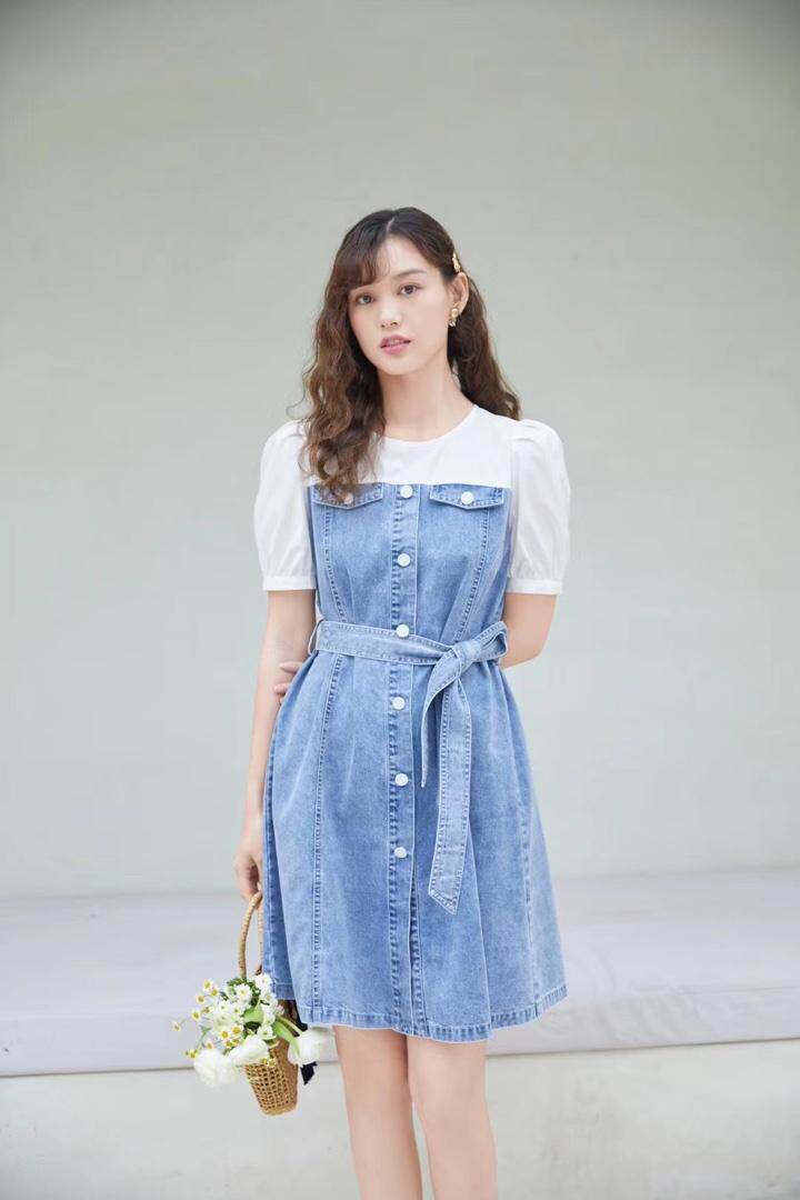 双拼牛仔连衣裙，女装连衣裙，慕尚依依