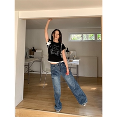 美式复古蕾丝边正肩短袖T恤女2025夏季辣妹修身短款打底衫上衣潮，男装T恤，星座506A